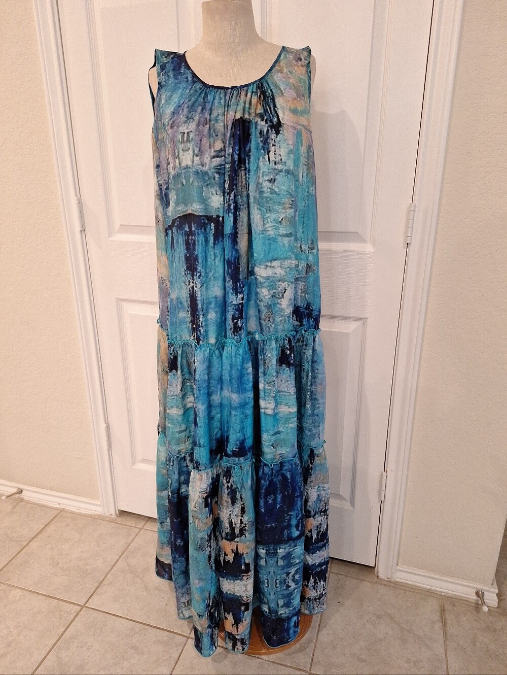 Johnny Was Pete & Greta Sleeveless Turquoise & Navy Tiered 100% Silk Maxi Dress